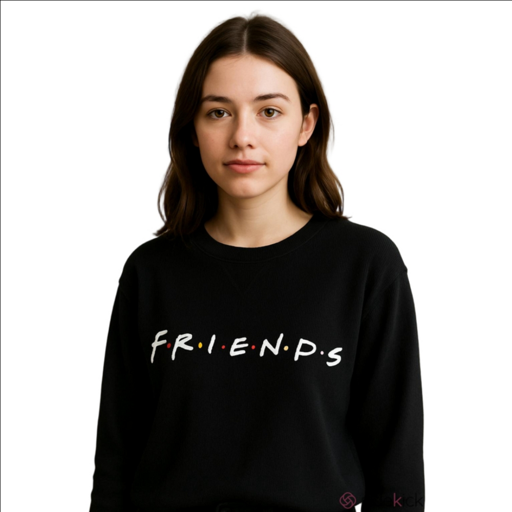 Love Tribe Black Ribbed Cropped Friends Graphic Top Medium